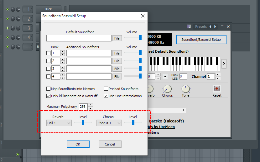 サウンドフォントプレイヤーであるBassMidi VSTiでもこのエフェクトの設定が反映されるようになっています。