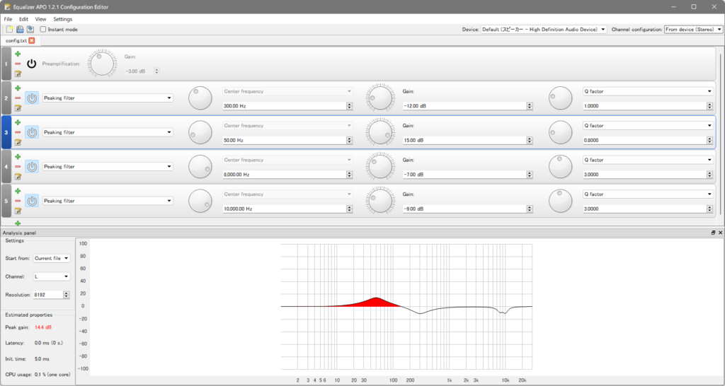 Equalizer APOで周波数特性に相対したフィルターを設定した画像
